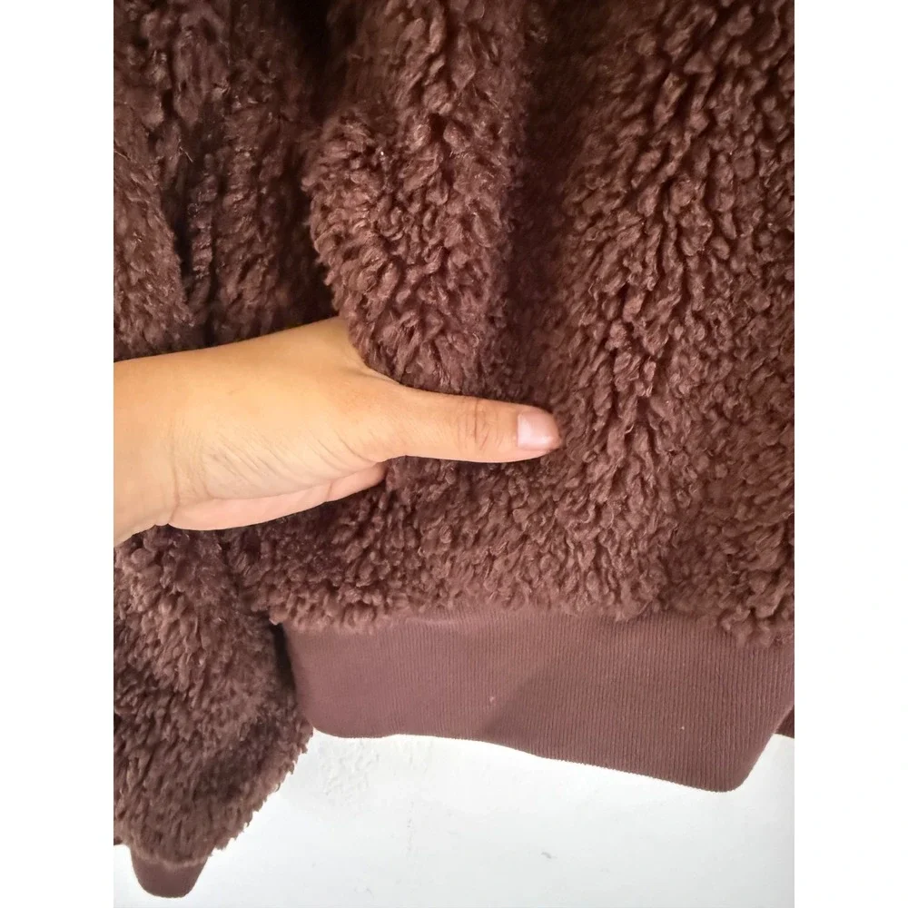 Beyond Yoga Brown Teddy Fleece Bomber Jacket Detachable Hood Womens Medium